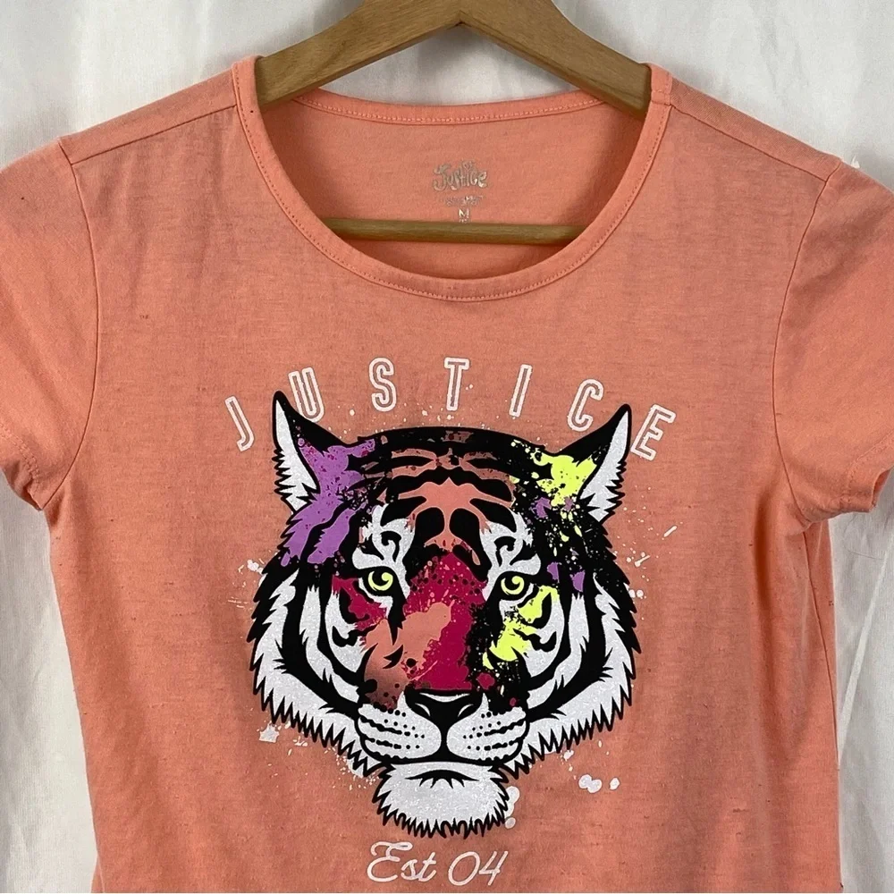 Justice Girl Kids Orange Short Sleeve Tiger Graphic Tee Front Tie Size Medium